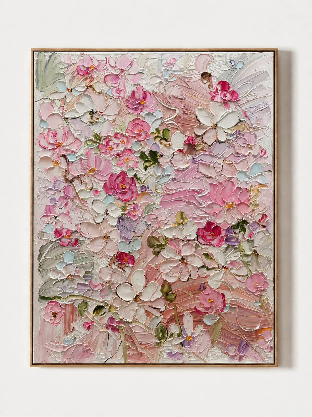 Hand painted 3D textured pink floral wall art with raised blossom petals on canvas by Luna Xiao