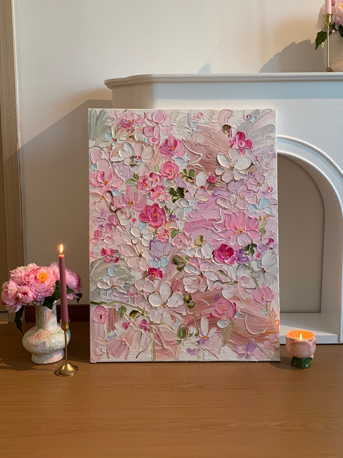 Hand painted 3D textured pink floral wall art with raised blossom petals on canvas by Luna Xiao