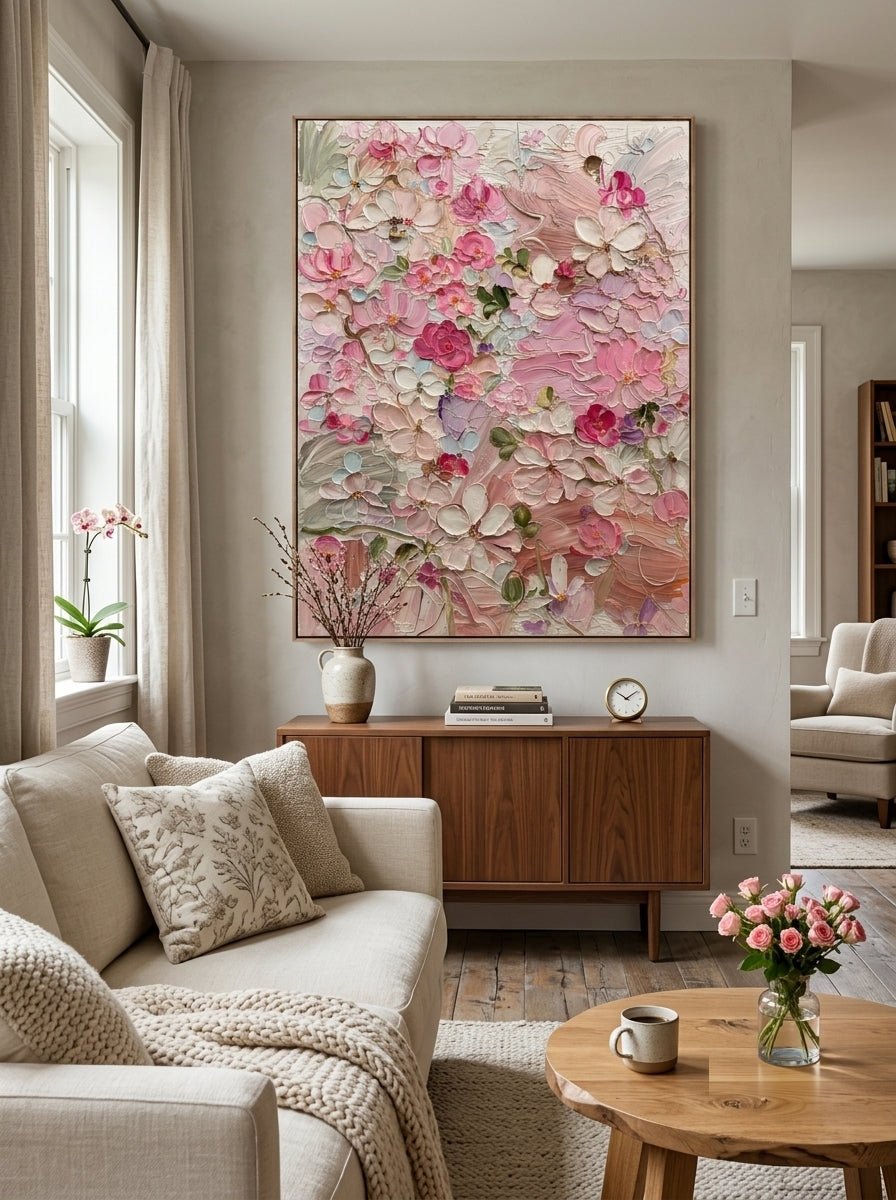 Large pink blossom wall art displayed in a warm neutral living room