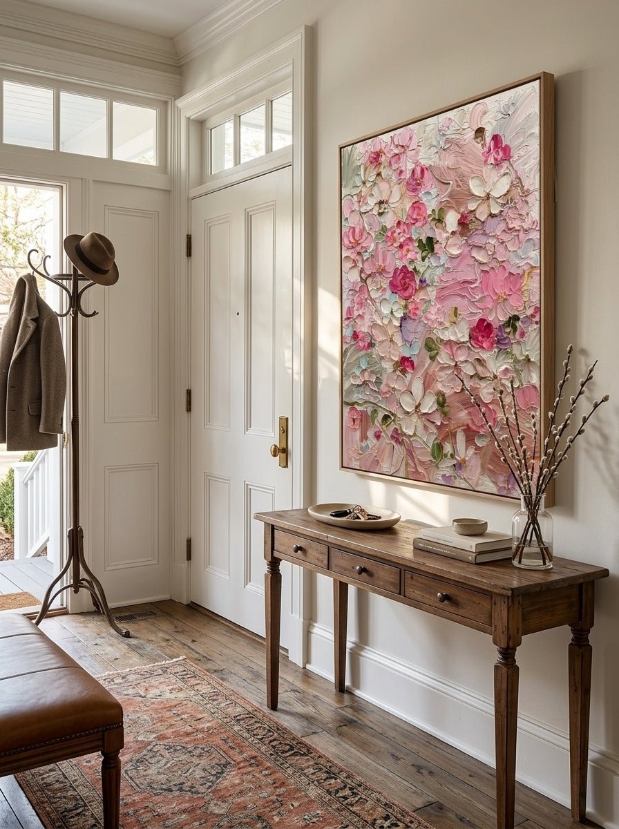 Vertical pink floral painting above a wood console in a bright entryway