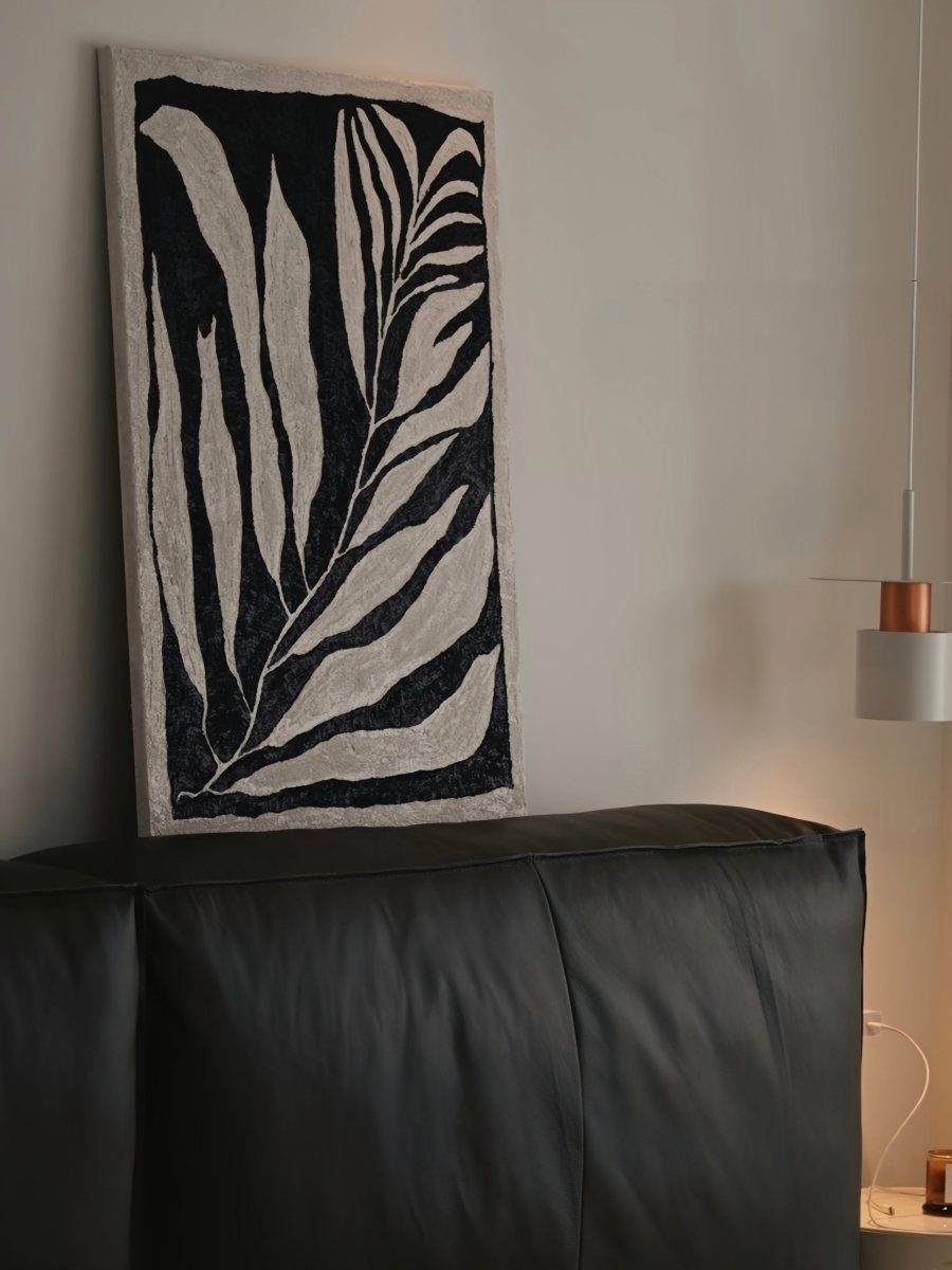 Large vertical hand-painted abstract botanical oil painting featuring white leaves with heavy texture on a black background.