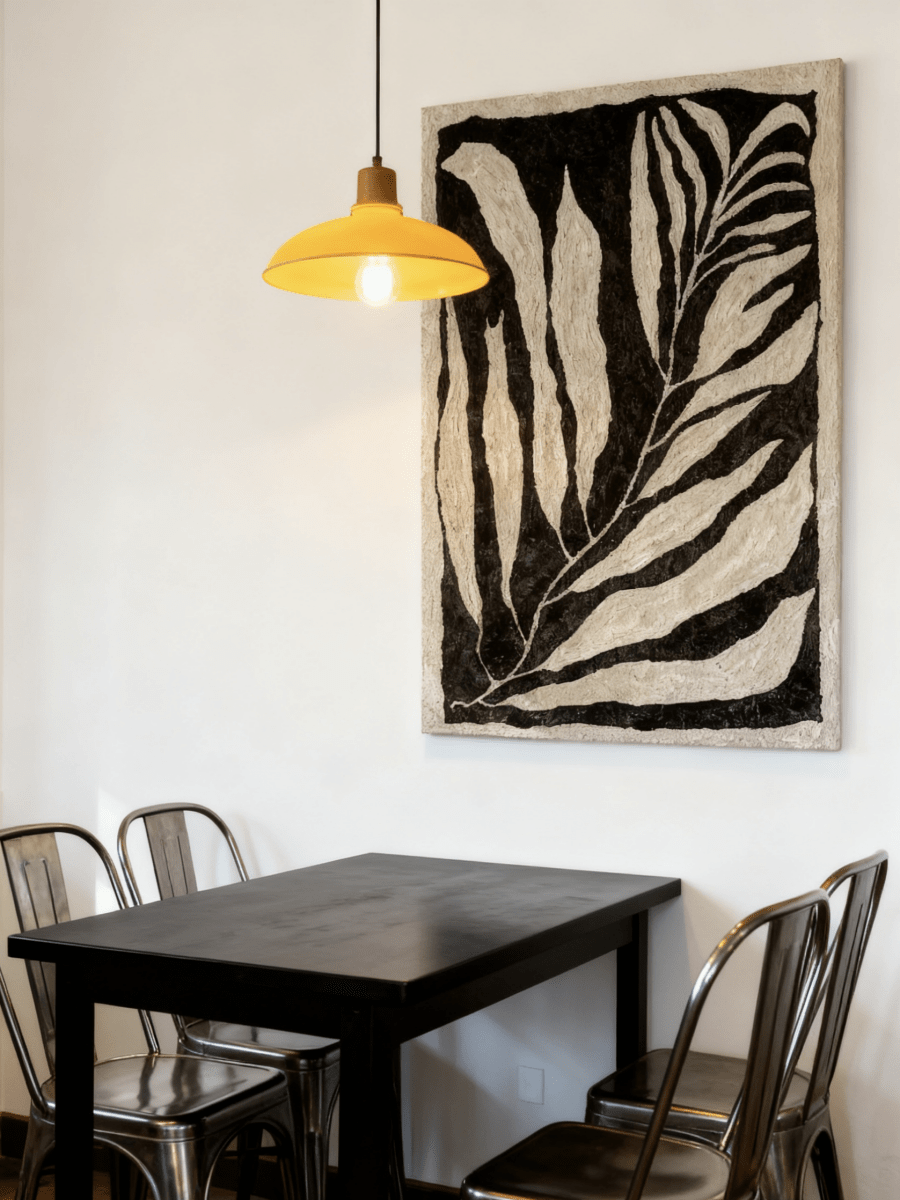 Large vertical hand-painted abstract botanical oil painting featuring white leaves with heavy texture on a black background.