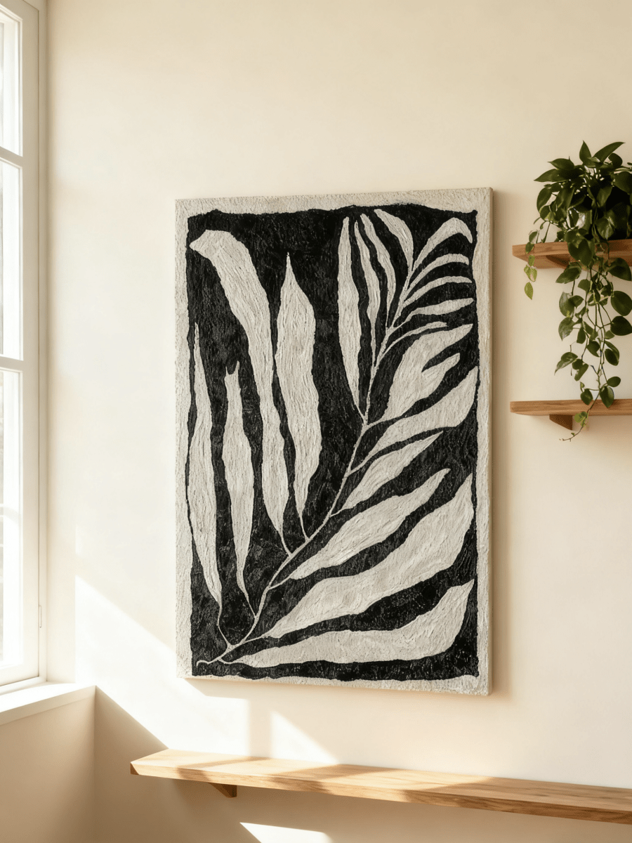Large vertical hand-painted abstract botanical oil painting featuring white leaves with heavy texture on a black background.