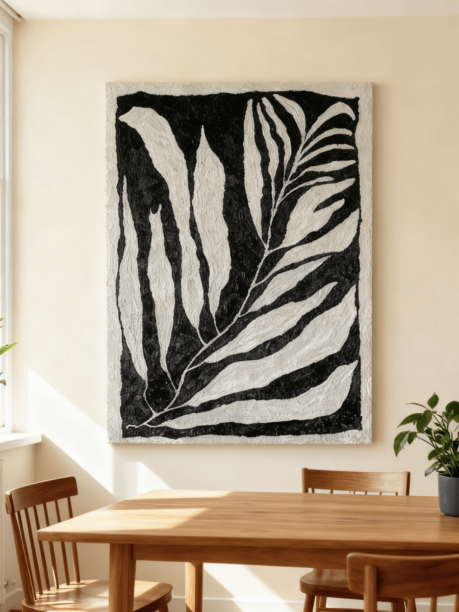 Large vertical hand-painted abstract botanical oil painting featuring white leaves with heavy texture on a black background.
