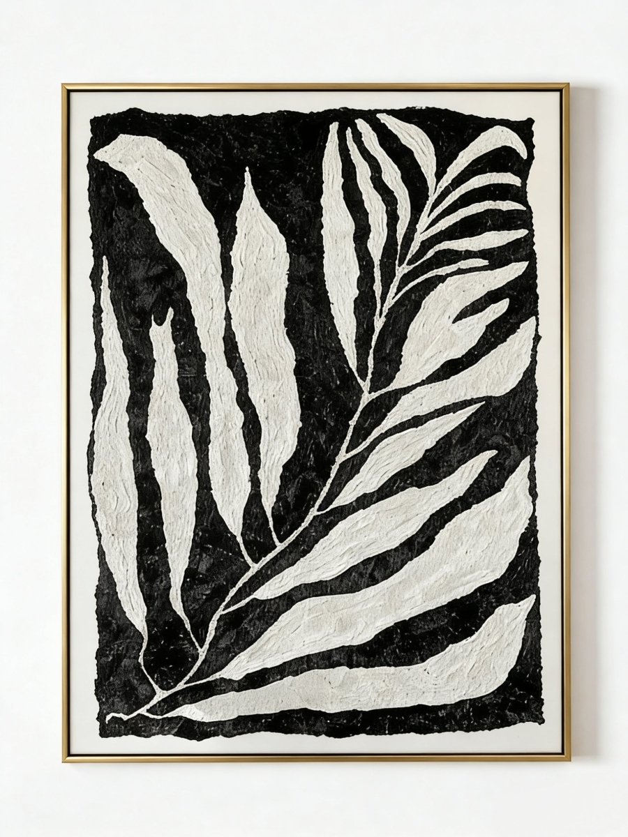 Large vertical hand-painted abstract botanical oil painting featuring white leaves with heavy texture on a black background.