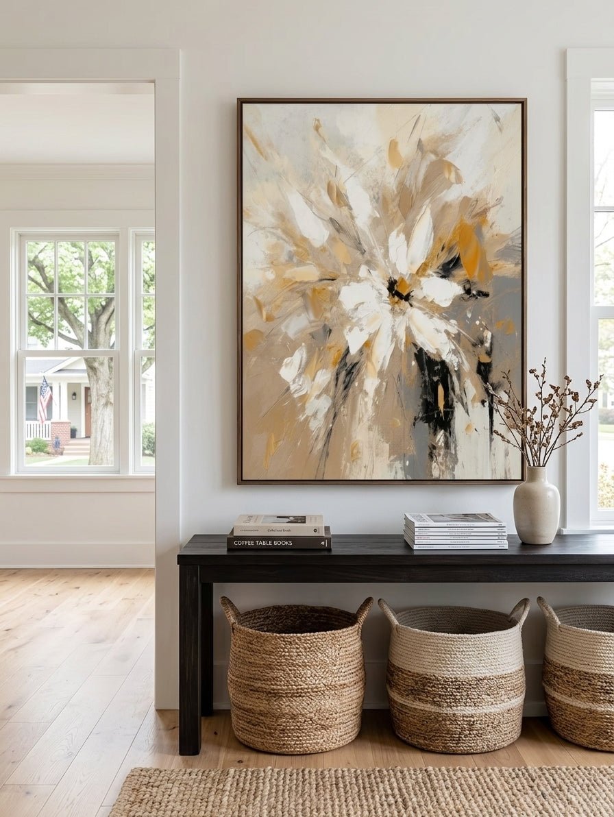 Large hand-painted modern abstract canvas painting with 3D heavy palette knife texture featuring a gold and white floral burst by Luna Xiao for luxury living room decor.