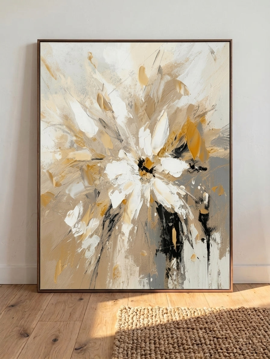 Large hand-painted modern abstract canvas painting with 3D heavy palette knife texture featuring a gold and white floral burst by Luna Xiao for luxury living room decor.
