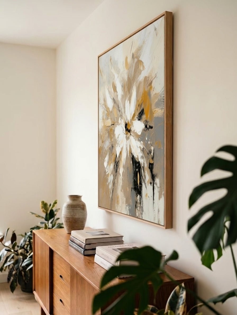 Large hand-painted modern abstract canvas painting with 3D heavy palette knife texture featuring a gold and white floral burst by Luna Xiao for luxury living room decor.