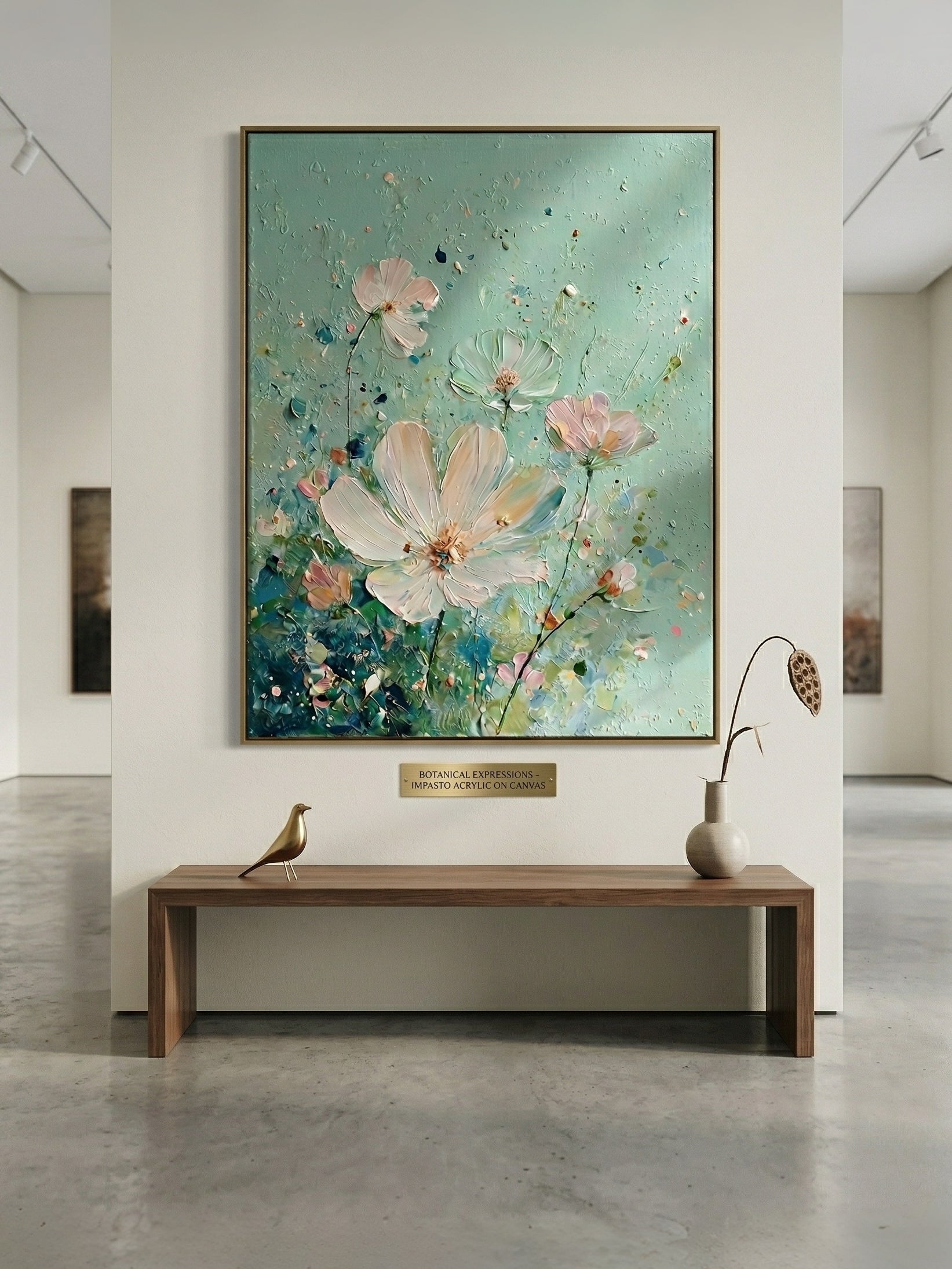 Close-up of 3D heavy textured white flowers with palette knife strokes on a sage green background, hand-painted by Luna Xiao.