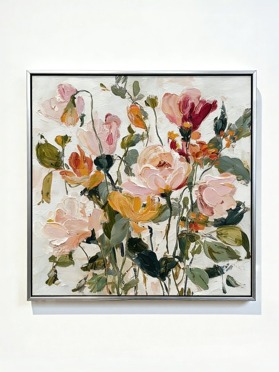 Large square 3D textured floral painting featuring heavy impasto roses in dusty rose and cream on a neutral background.