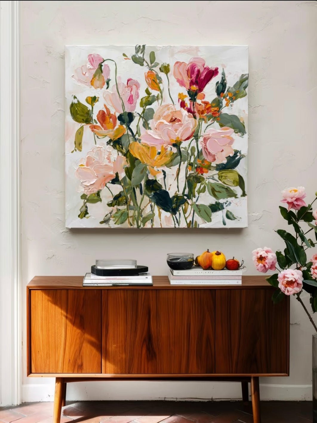 Large square 3D textured floral painting featuring heavy impasto roses in dusty rose and cream on a neutral background.