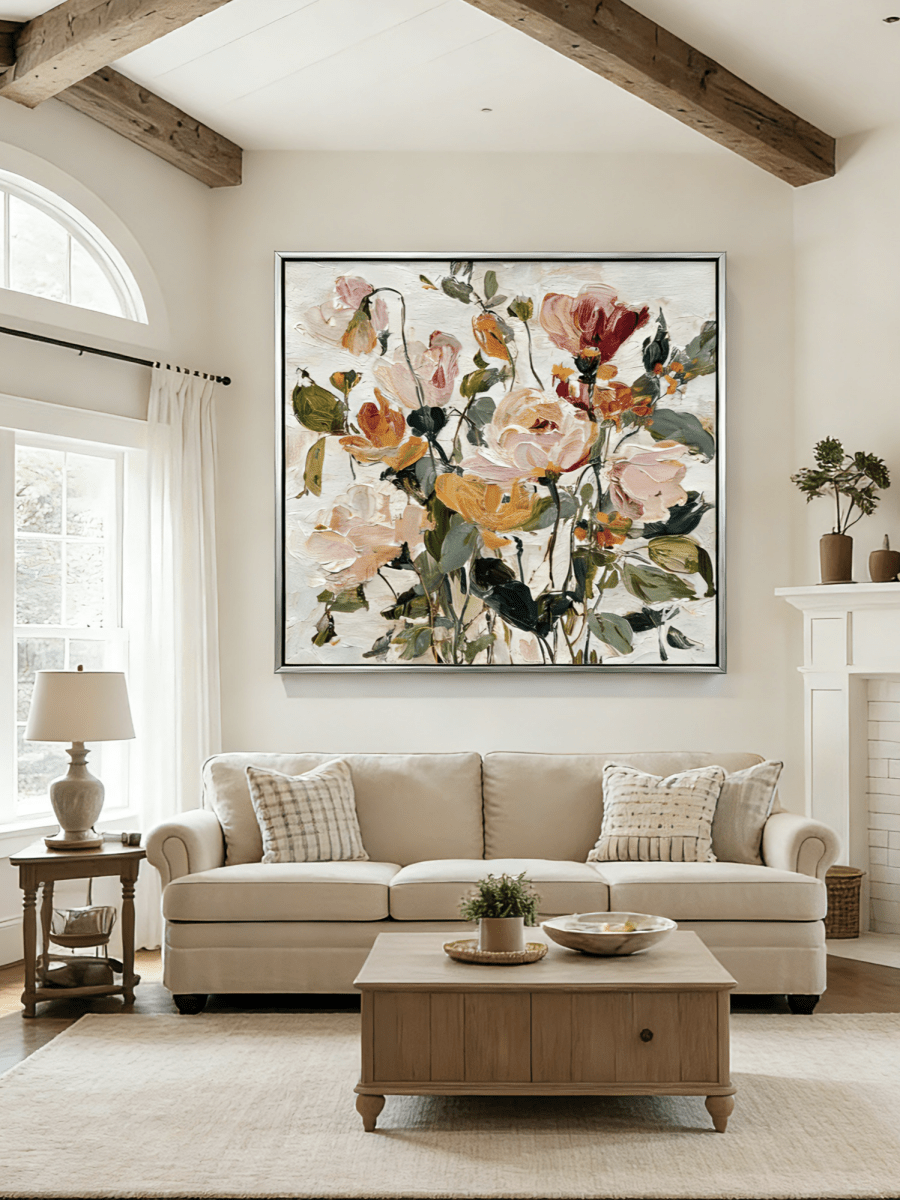 Large square 3D textured floral painting featuring heavy impasto roses in dusty rose and cream on a neutral background.