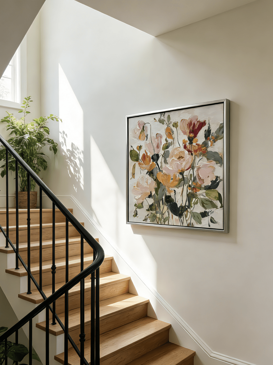 Large square 3D textured floral painting featuring heavy impasto roses in dusty rose and cream on a neutral background.