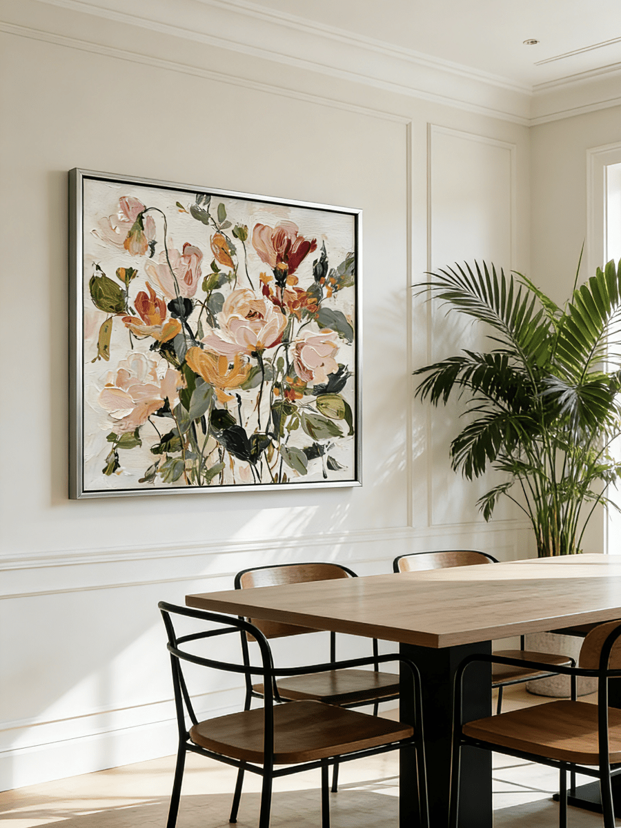 Large square 3D textured floral painting featuring heavy impasto roses in dusty rose and cream on a neutral background.