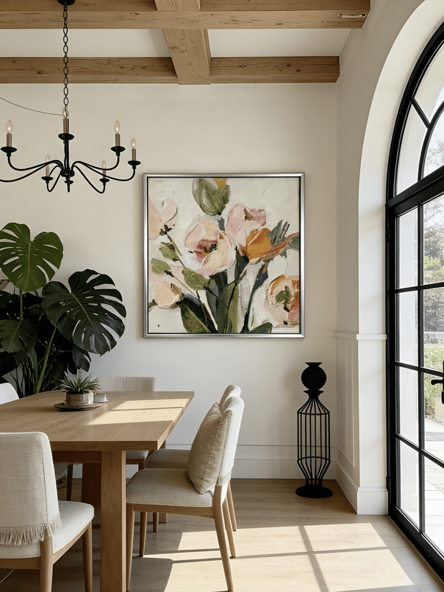 Extra large square 3D white textured floral painting with thick impasto ridges for a minimalist modern entryway.