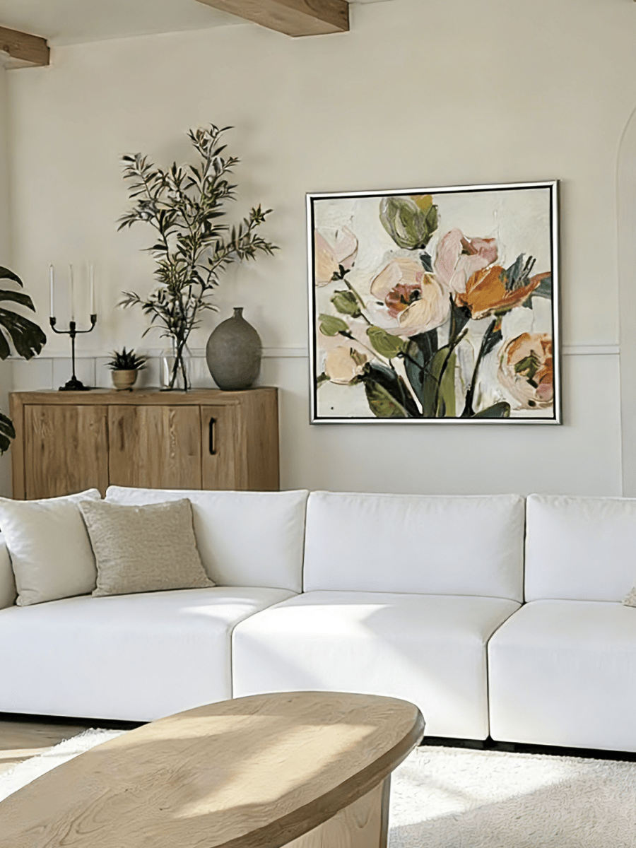 Extra large square 3D white textured floral painting with thick impasto ridges for a minimalist modern entryway.