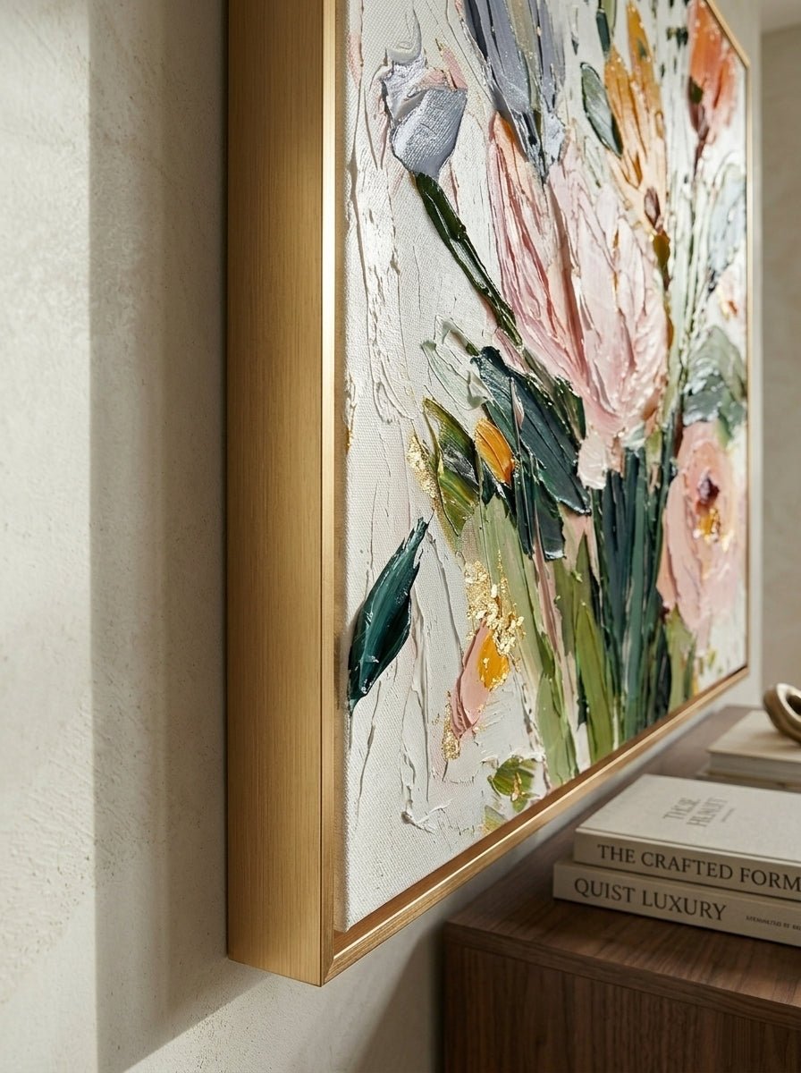 Large square 3D textured floral painting showing heavy impasto yellow and peach flowers on a white background in a modern bright living room.