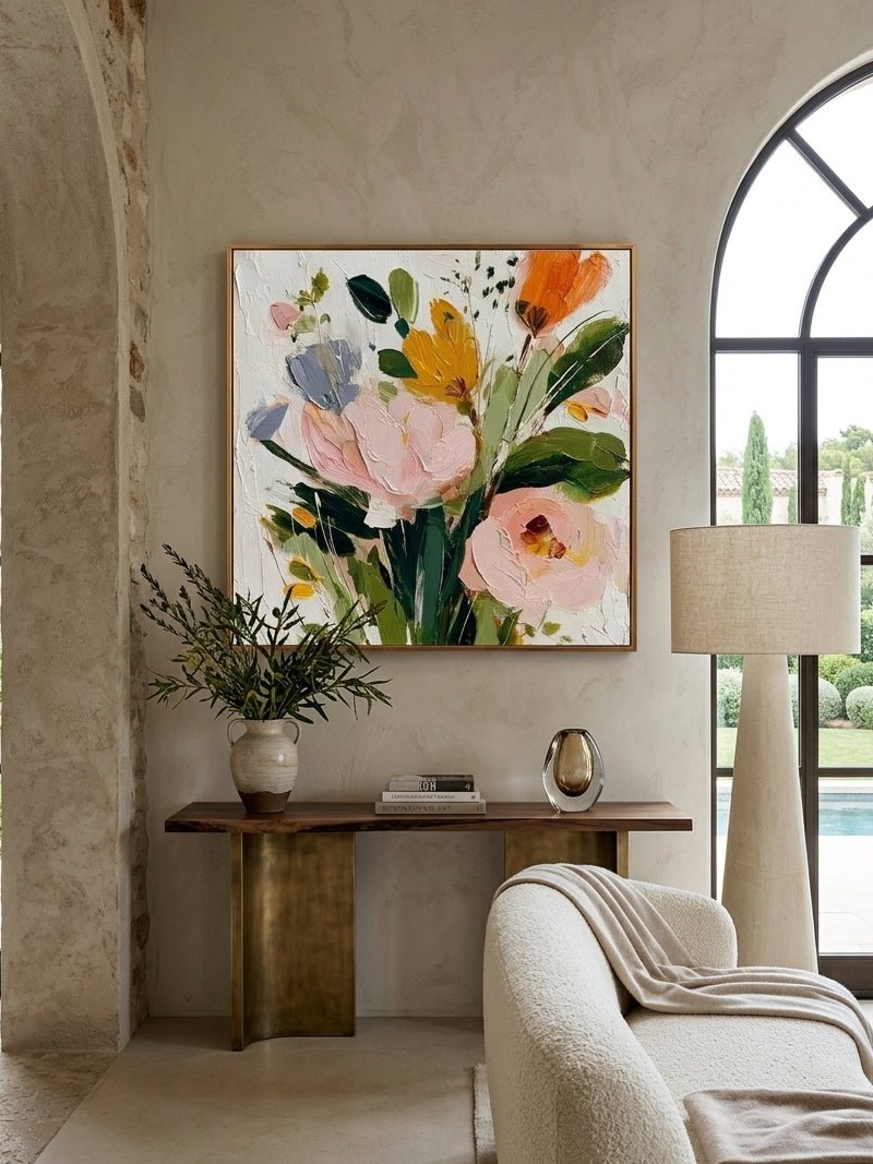 Large square 3D textured floral painting showing heavy impasto yellow and peach flowers on a white background in a modern bright living room.