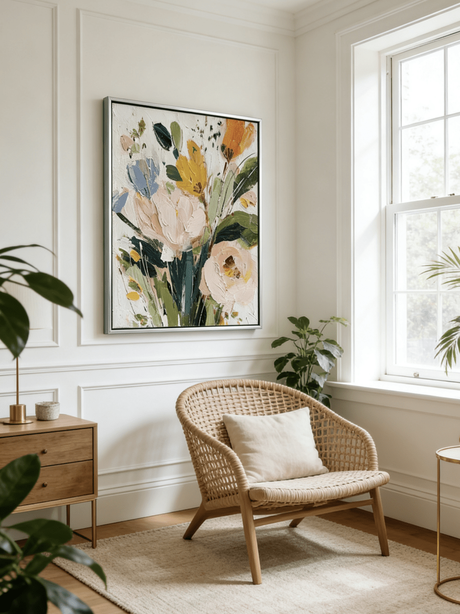 Large square 3D textured floral painting showing heavy impasto yellow and peach flowers on a white background in a modern bright living room.