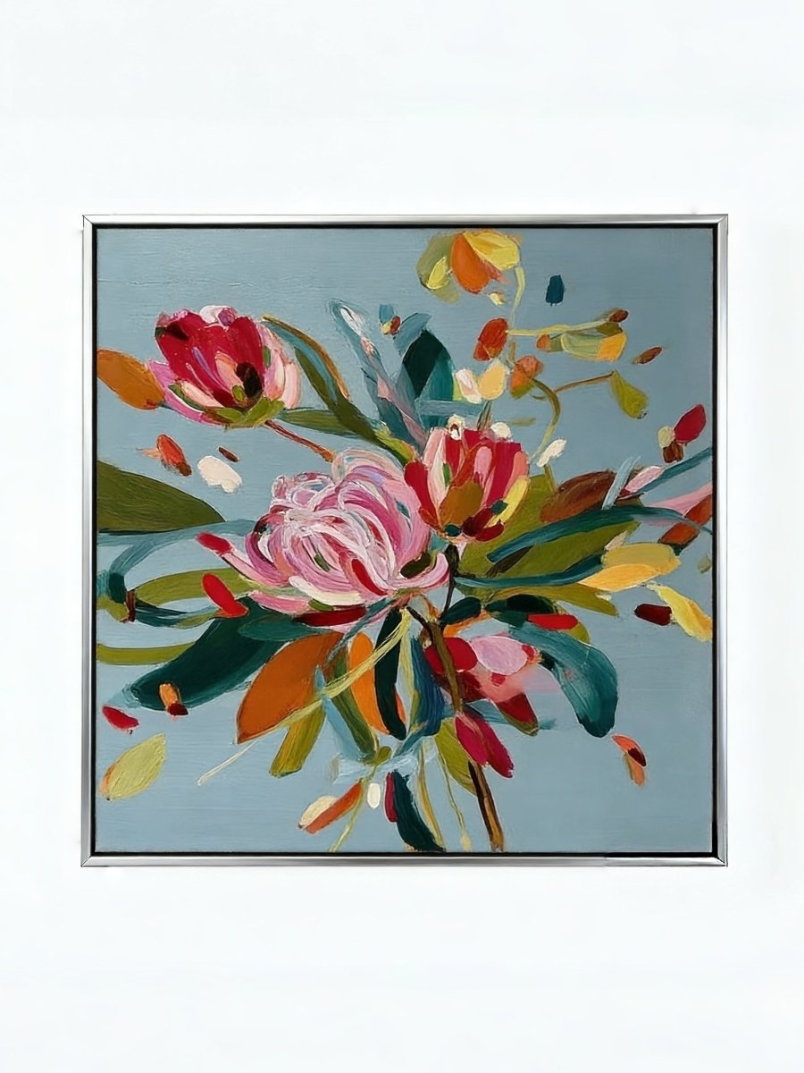 Large square hand-painted expressionist floral oil painting with vibrant pink and yellow flowers on a slate blue background