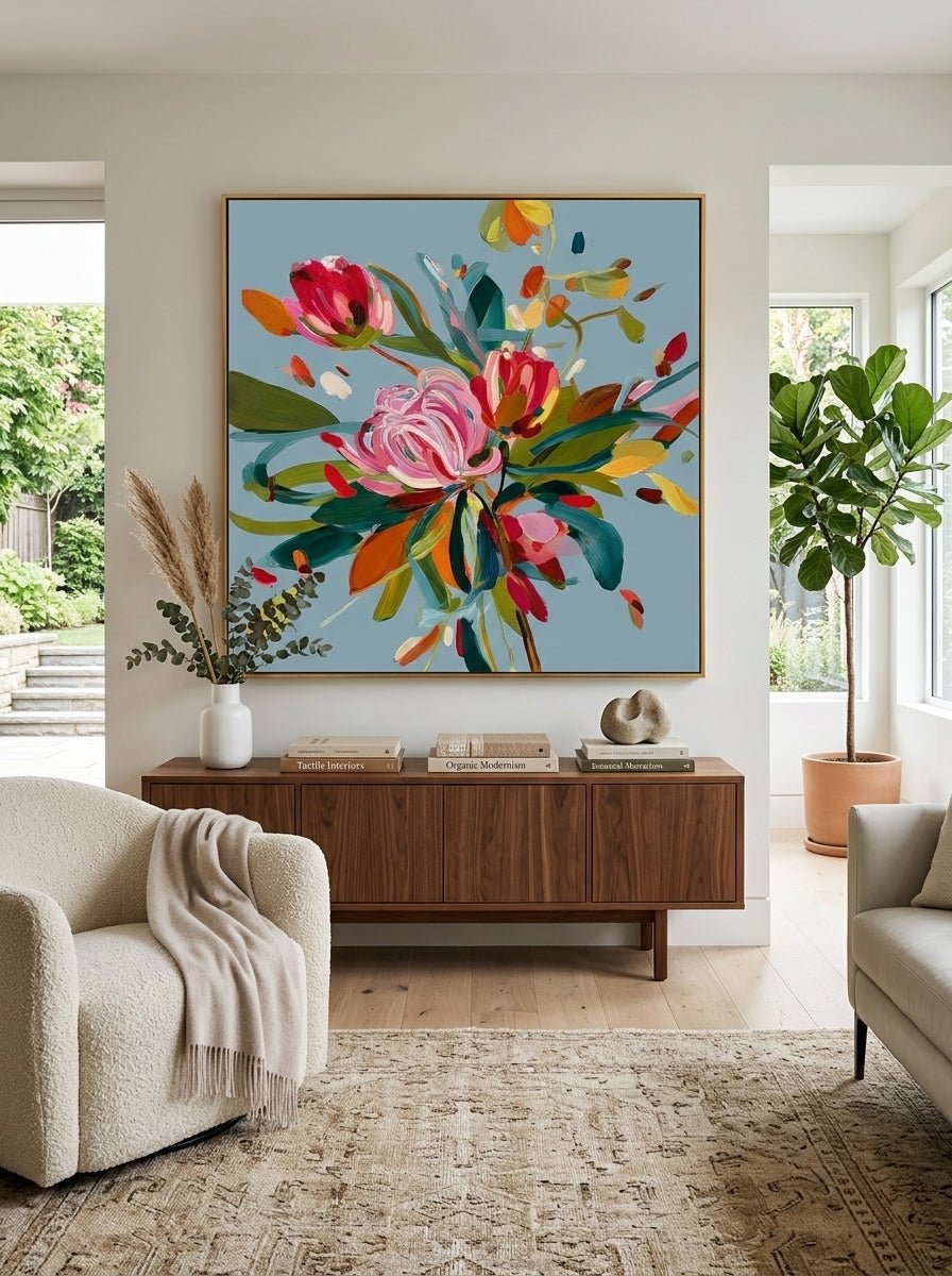 Large square hand-painted expressionist floral oil painting with vibrant pink and yellow flowers on a slate blue background