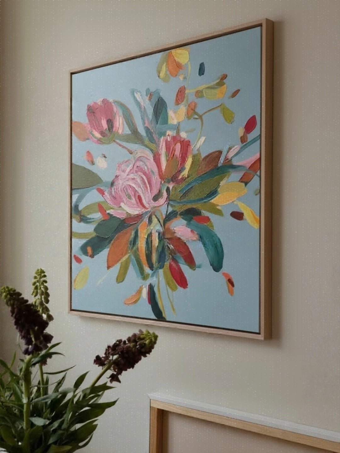 Large square hand-painted expressionist floral oil painting with vibrant pink and yellow flowers on a slate blue background