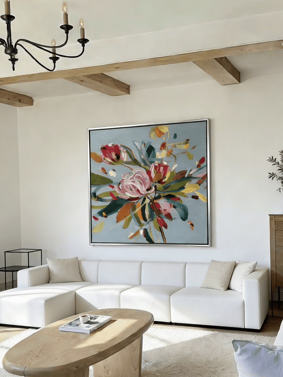 Large square hand-painted expressionist floral oil painting with vibrant pink and yellow flowers on a slate blue background