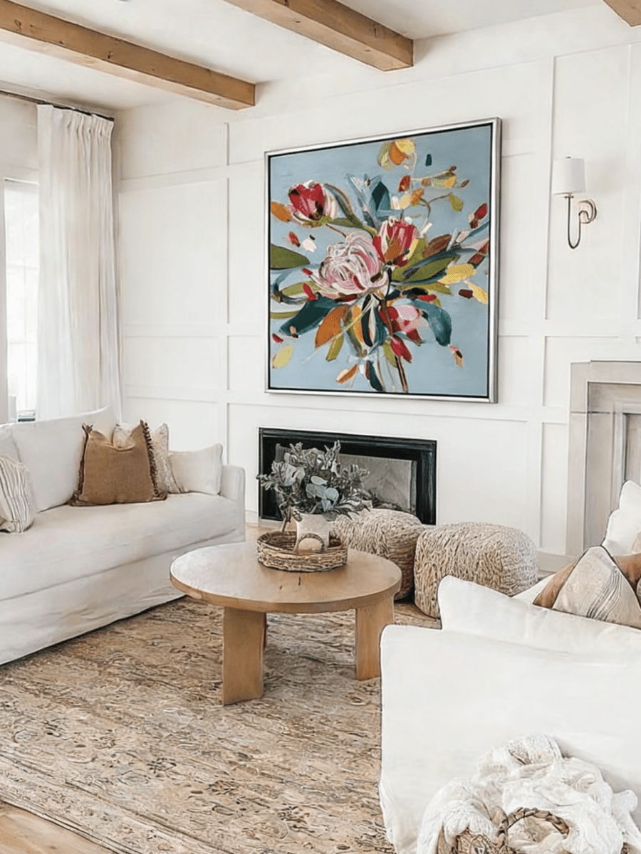 Large square hand-painted expressionist floral oil painting with vibrant pink and yellow flowers on a slate blue background