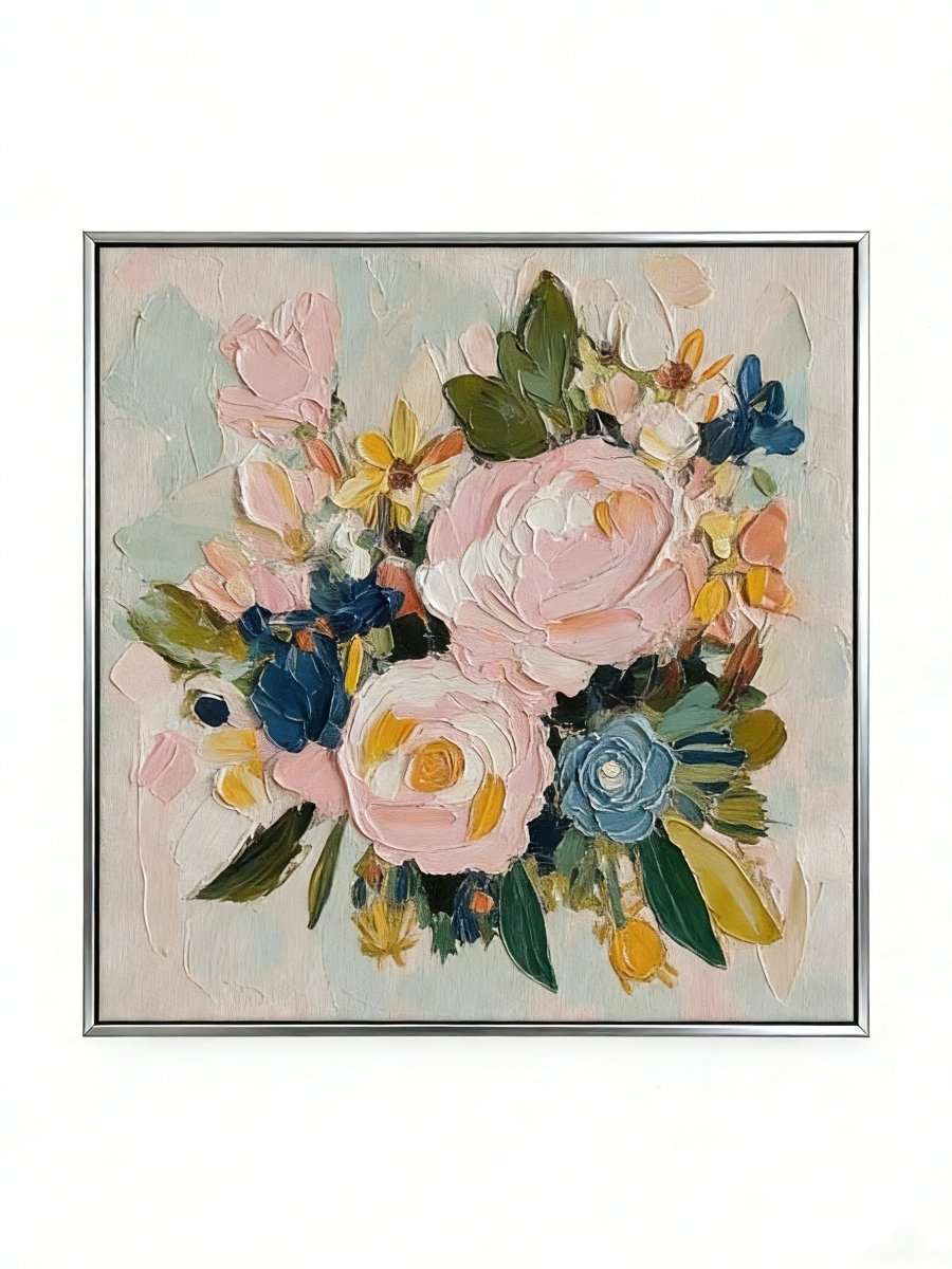 Large square 3D textured floral painting featuring heavy impasto pink and blue flowers in a modern luxury living room.
