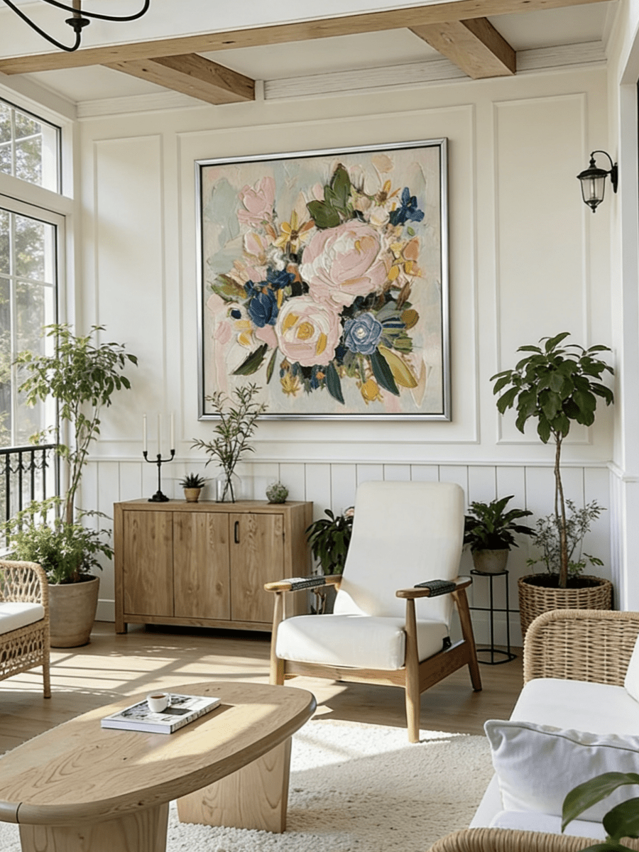 Large square 3D textured floral painting featuring heavy impasto pink and blue flowers in a modern luxury living room.