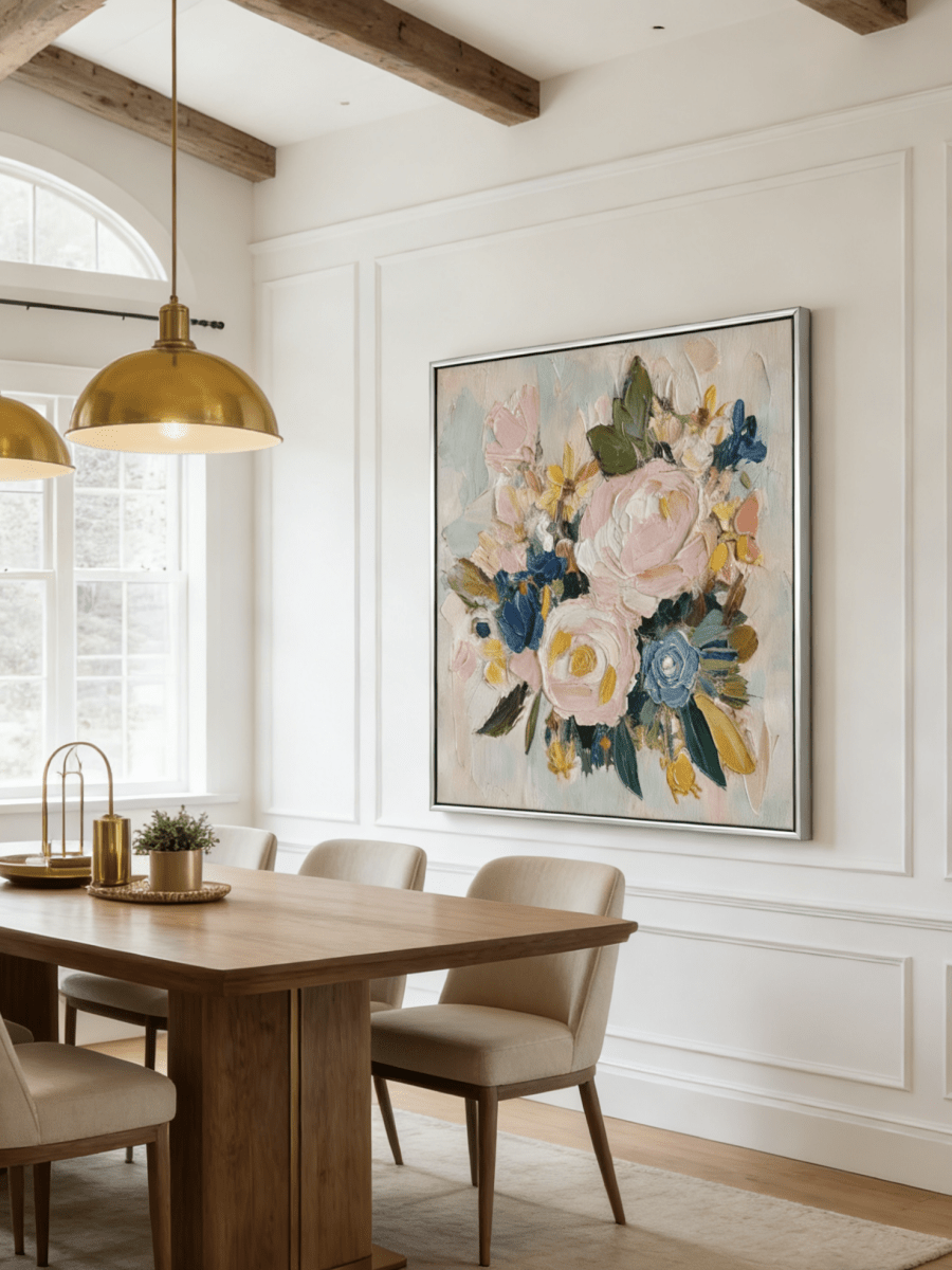 Large square 3D textured floral painting featuring heavy impasto pink and blue flowers in a modern luxury living room.