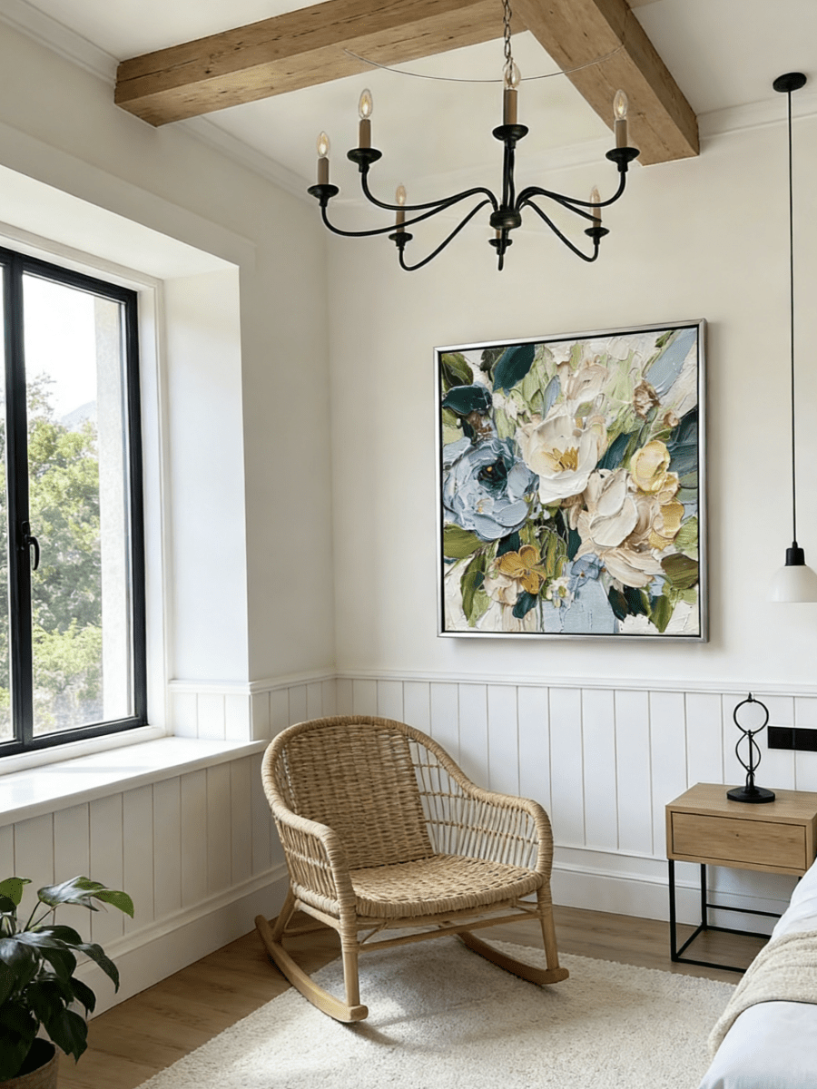 Large square 3D textured floral painting showing heavy impasto green and white flowers in a modern bright living room.