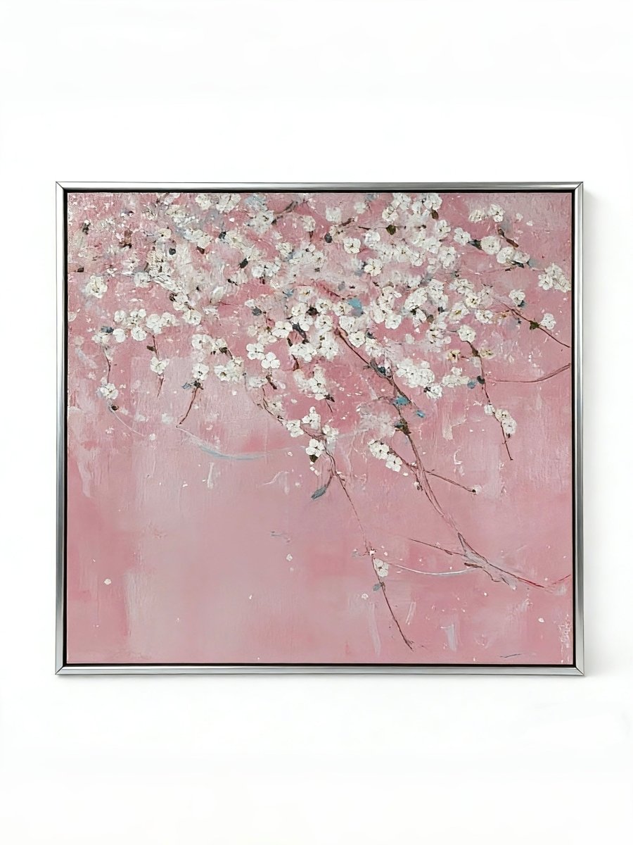 Close-up of large 3D textured abstract painting showing heavy white and taupe impasto ridges on canvas in a luxury living room.