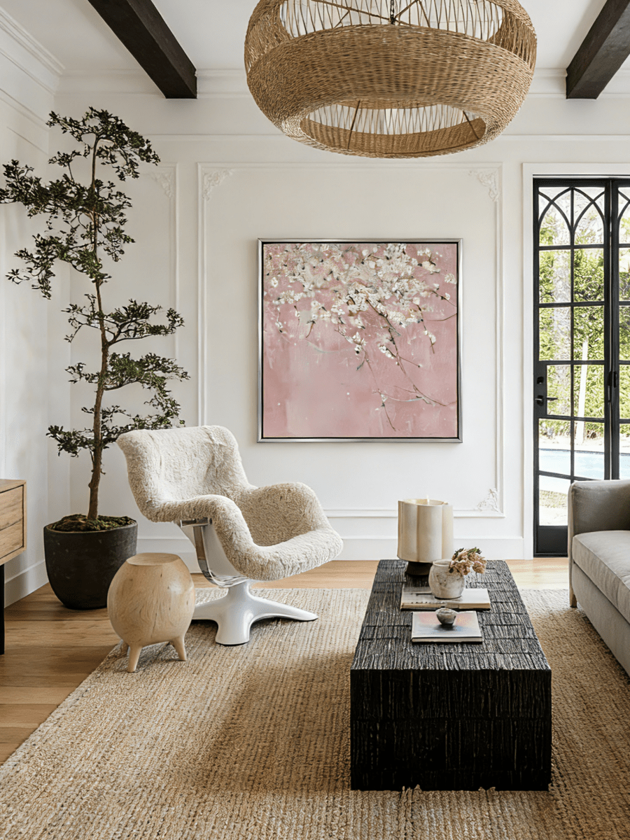 Close-up of large 3D textured abstract painting showing heavy white and taupe impasto ridges on canvas in a luxury living room.