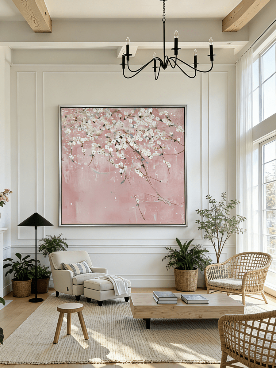 Close-up of large 3D textured abstract painting showing heavy white and taupe impasto ridges on canvas in a luxury living room.