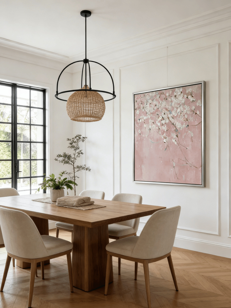 Close-up of large 3D textured abstract painting showing heavy white and taupe impasto ridges on canvas in a luxury living room.