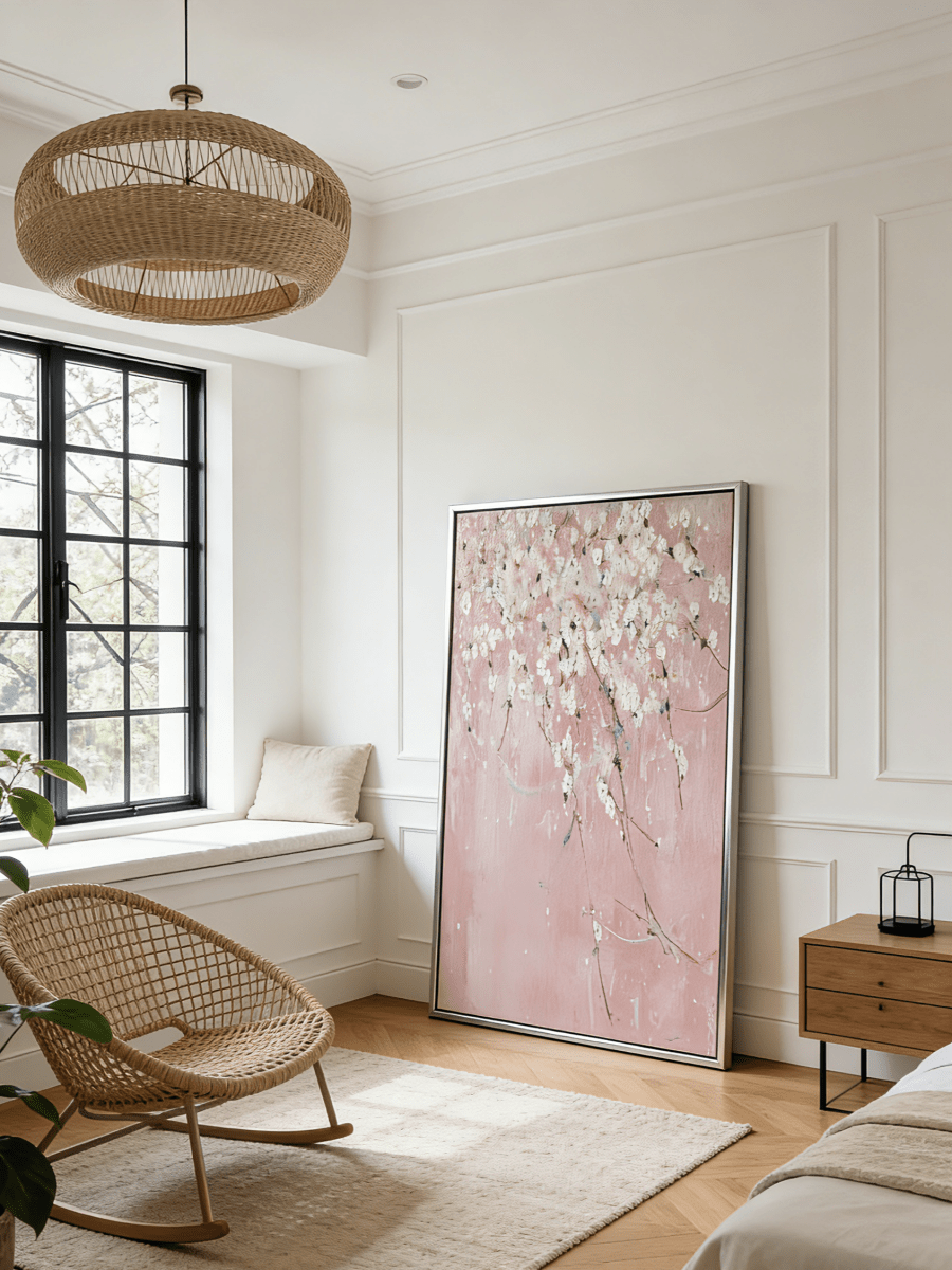 Close-up of large 3D textured abstract painting showing heavy white and taupe impasto ridges on canvas in a luxury living room.