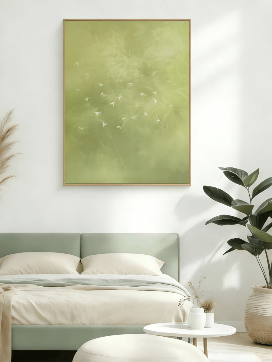 Large vertical hand-painted abstract forest painting in sage green with white flying birds by Luna Xiao in a modern neutral bedroom.