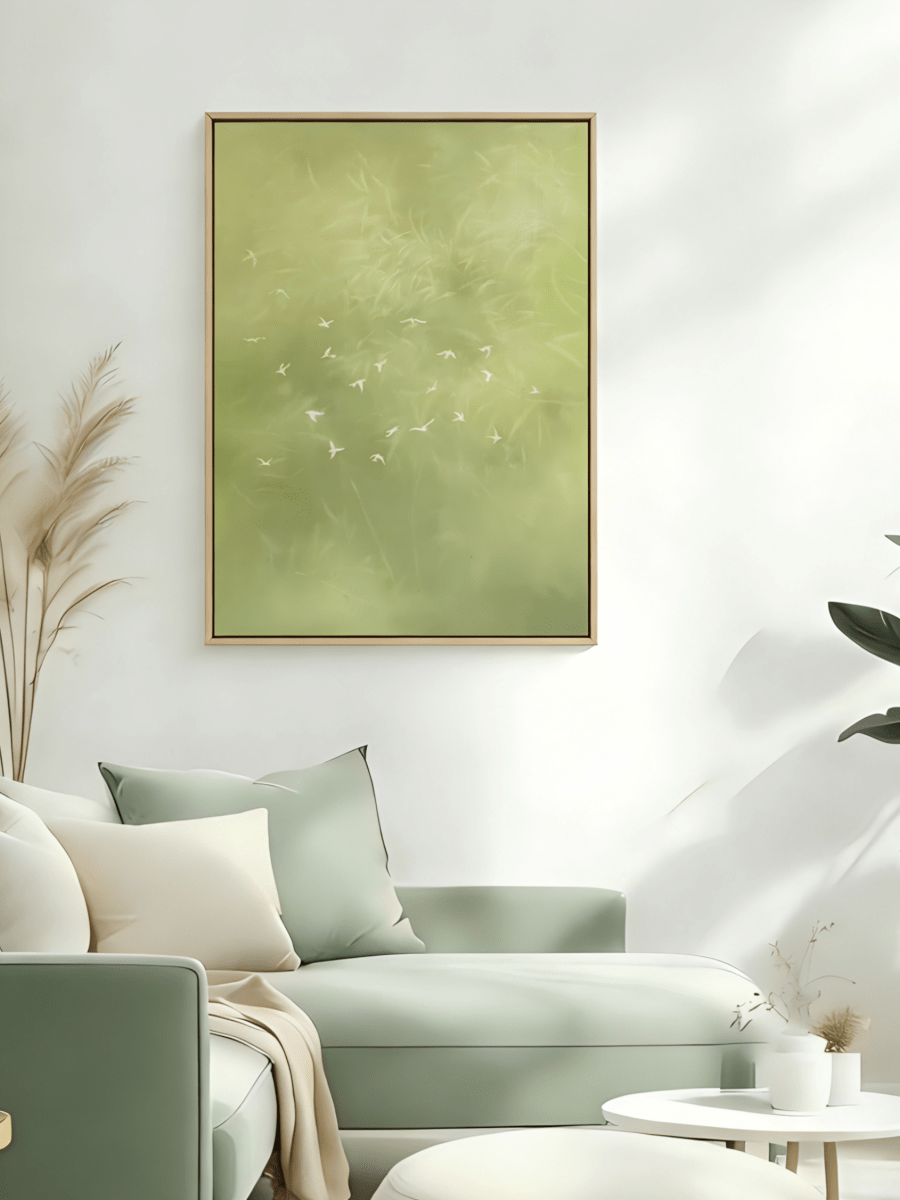 Large vertical hand-painted abstract forest painting in sage green with white flying birds by Luna Xiao in a modern neutral bedroom.