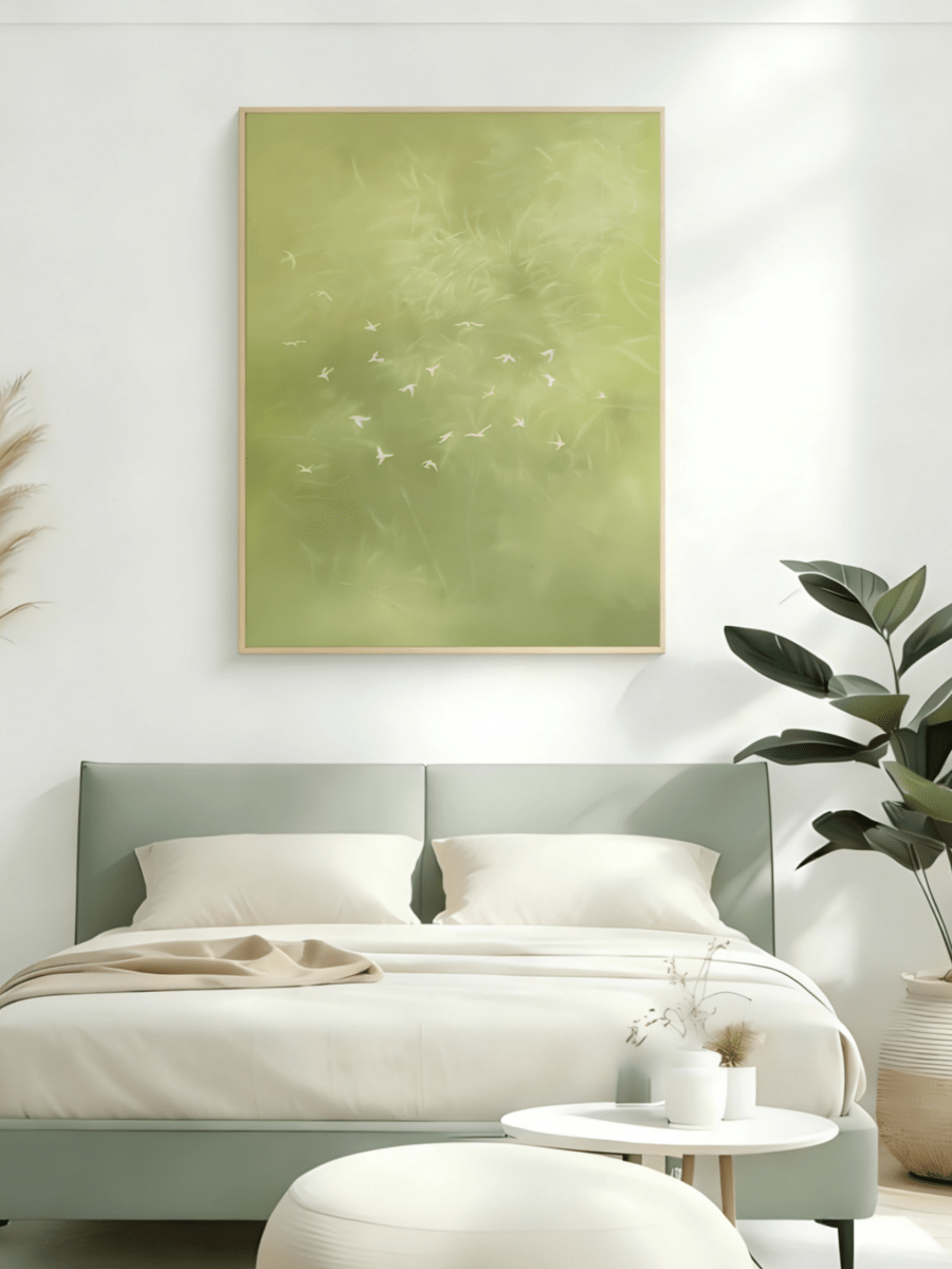 Large vertical hand-painted abstract forest painting in sage green with white flying birds by Luna Xiao in a modern neutral bedroom.