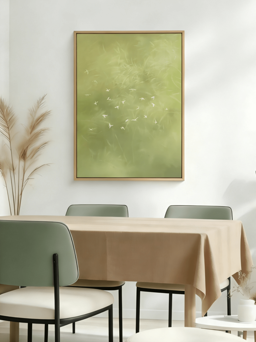 Large vertical hand-painted abstract forest painting in sage green with white flying birds by Luna Xiao in a modern neutral bedroom.