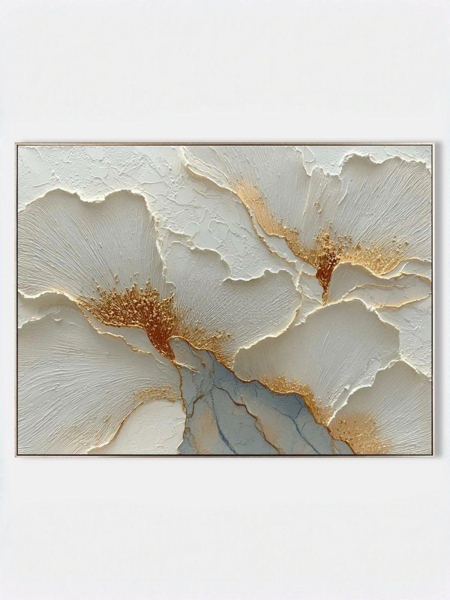 Close-up of 3D heavy impasto texture on a hand-painted white flower with gold foil accents by Luna Xiao, showing sculptural depth on canvas.