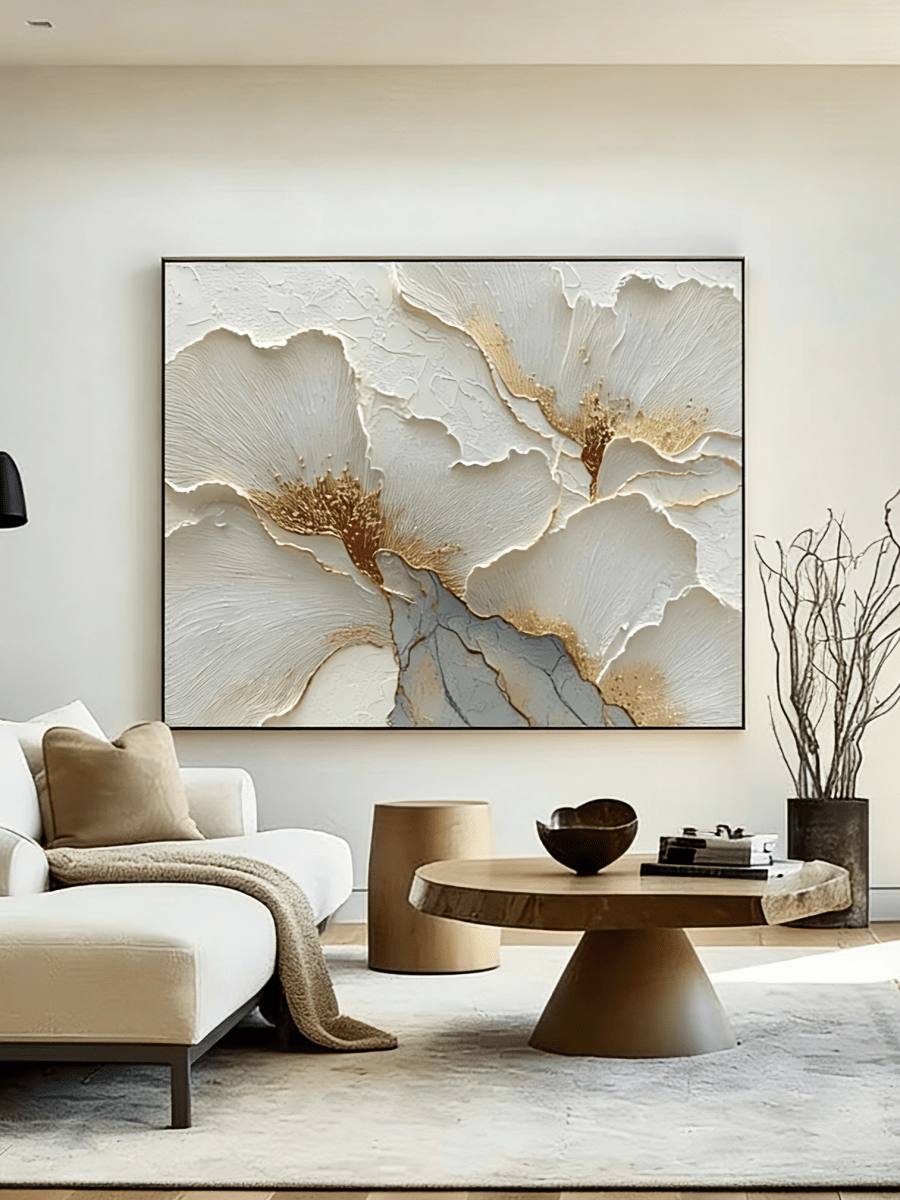 Close-up of 3D heavy impasto texture on a hand-painted white flower with gold foil accents by Luna Xiao, showing sculptural depth on canvas.