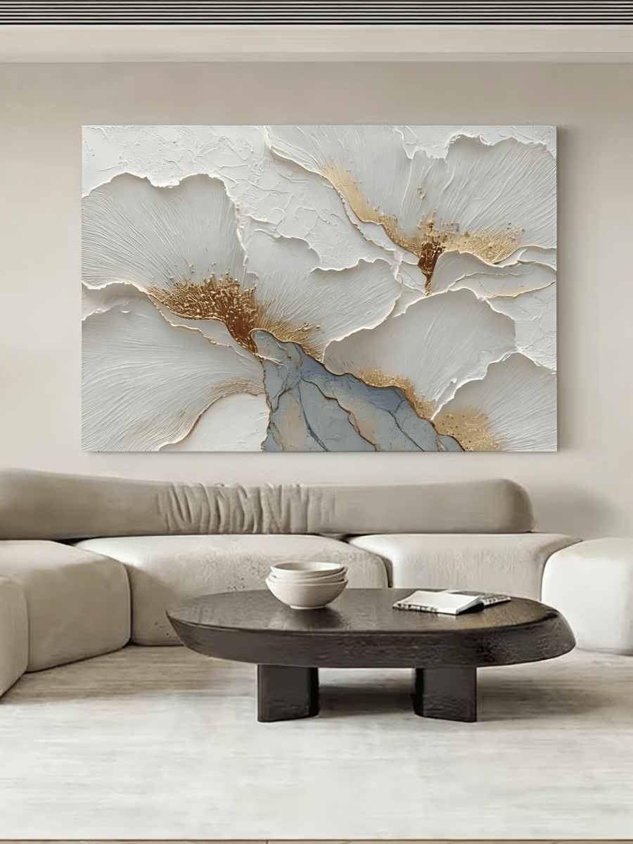 Close-up of 3D heavy impasto texture on a hand-painted white flower with gold foil accents by Luna Xiao, showing sculptural depth on canvas.