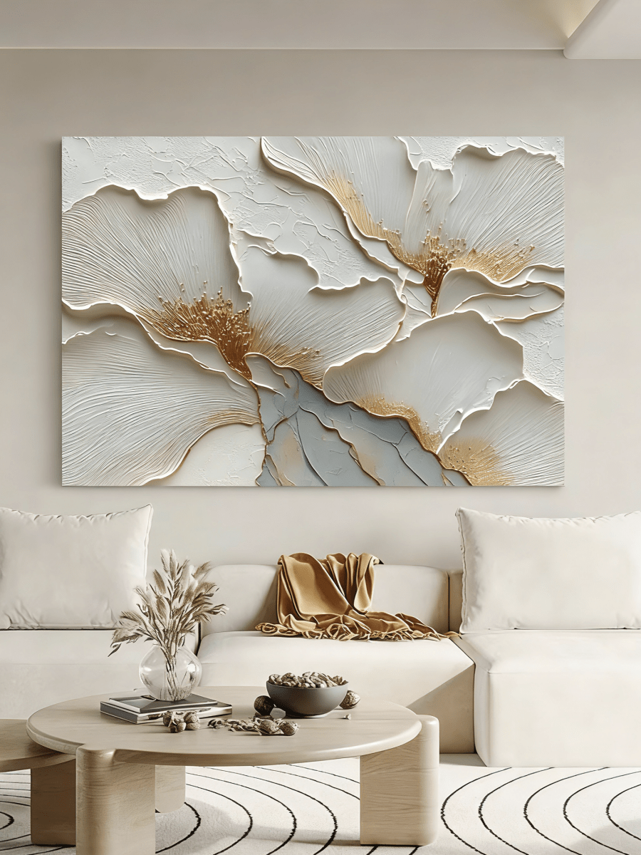 Close-up of 3D heavy impasto texture on a hand-painted white flower with gold foil accents by Luna Xiao, showing sculptural depth on canvas.