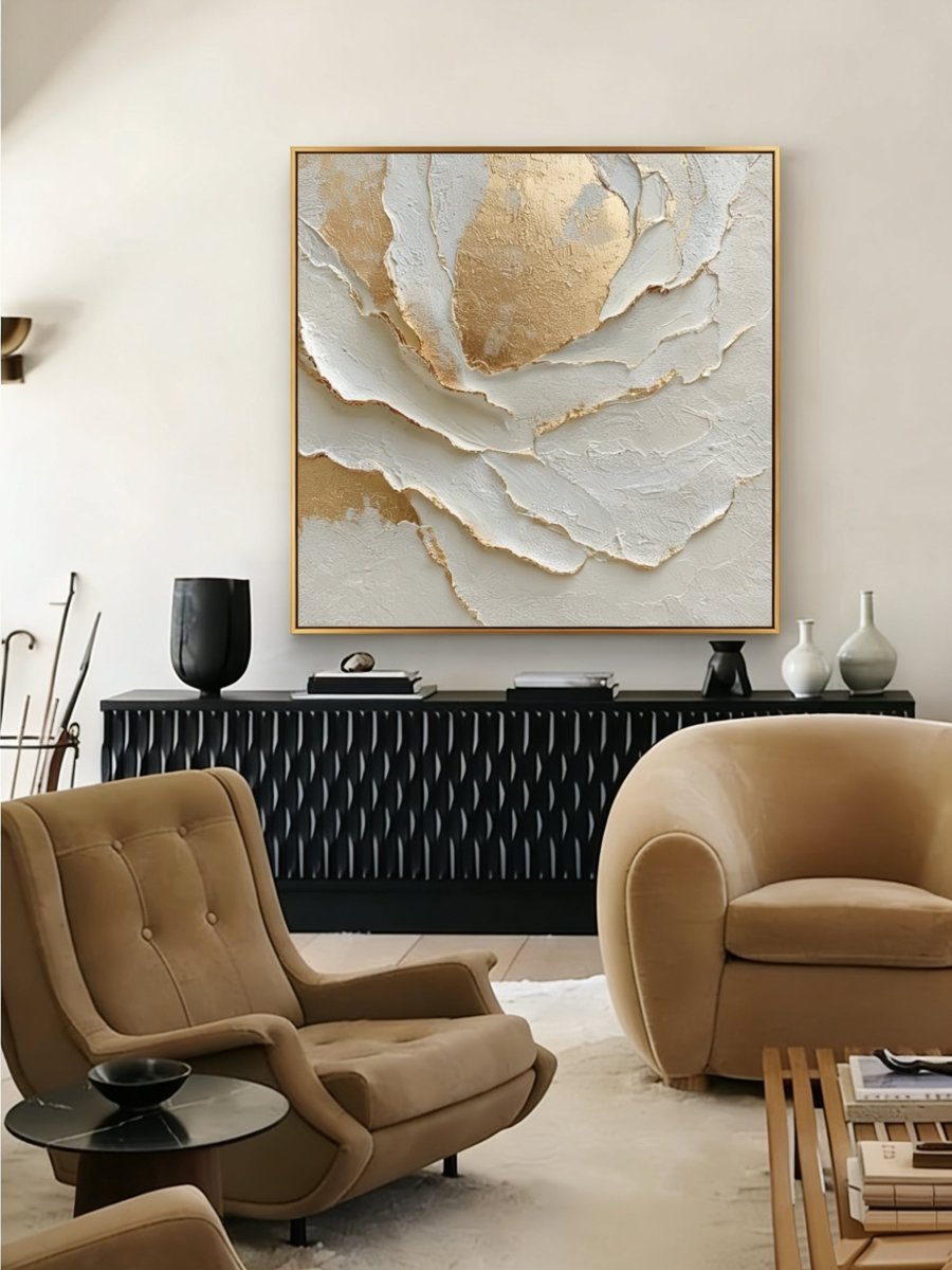 Macro shot of heavy 3D impasto texture on a white and gold abstract painting by Luna Xiao, showing deep sculptural ridges and gold leaf reflections.