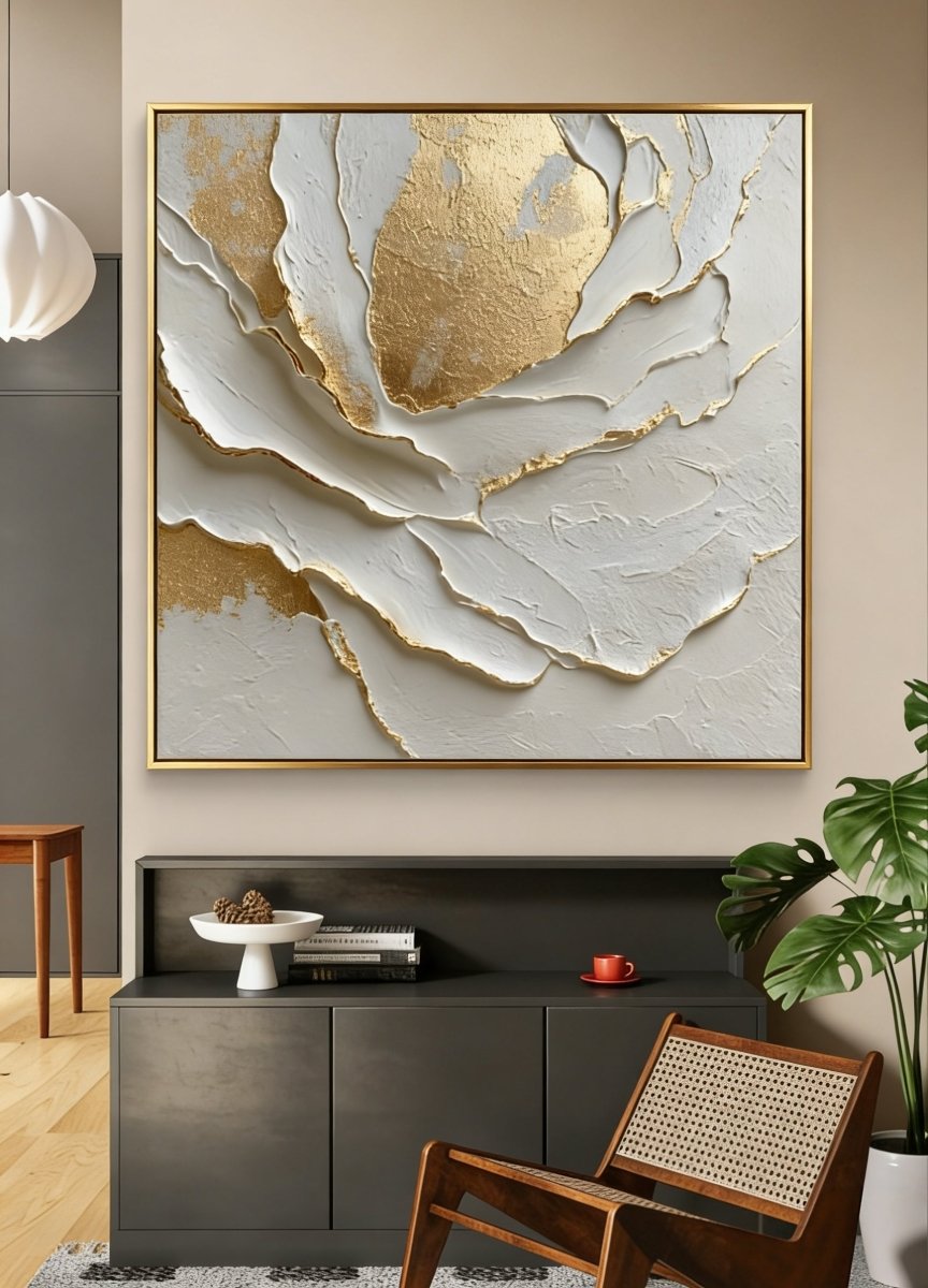 Macro shot of heavy 3D impasto texture on a white and gold abstract painting by Luna Xiao, showing deep sculptural ridges and gold leaf reflections.