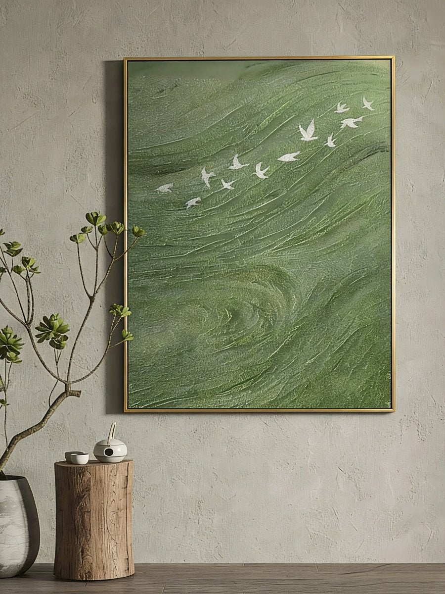 Hand-painted contemporary abstract oil painting by artist Luna Xiao, featuring high-texture impasto sage green waves and a flock of white birds in flight, in a metallic gold frame. Available sizes: 20x24 to 60x80 inches.
