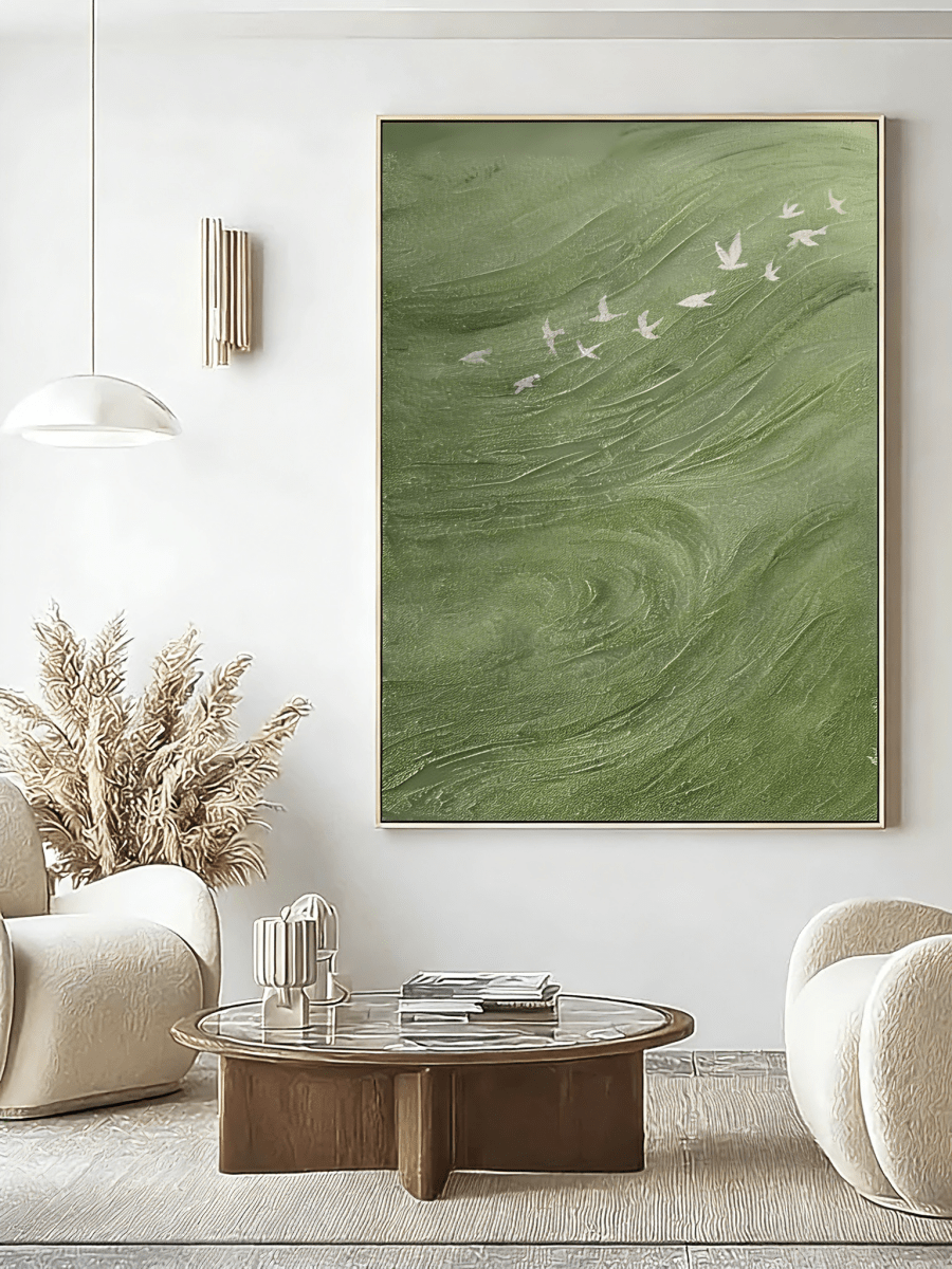 Hand-painted contemporary abstract oil painting by artist Luna Xiao, featuring high-texture impasto sage green waves and a flock of white birds in flight, in a metallic gold frame. Available sizes: 20x24 to 60x80 inches.