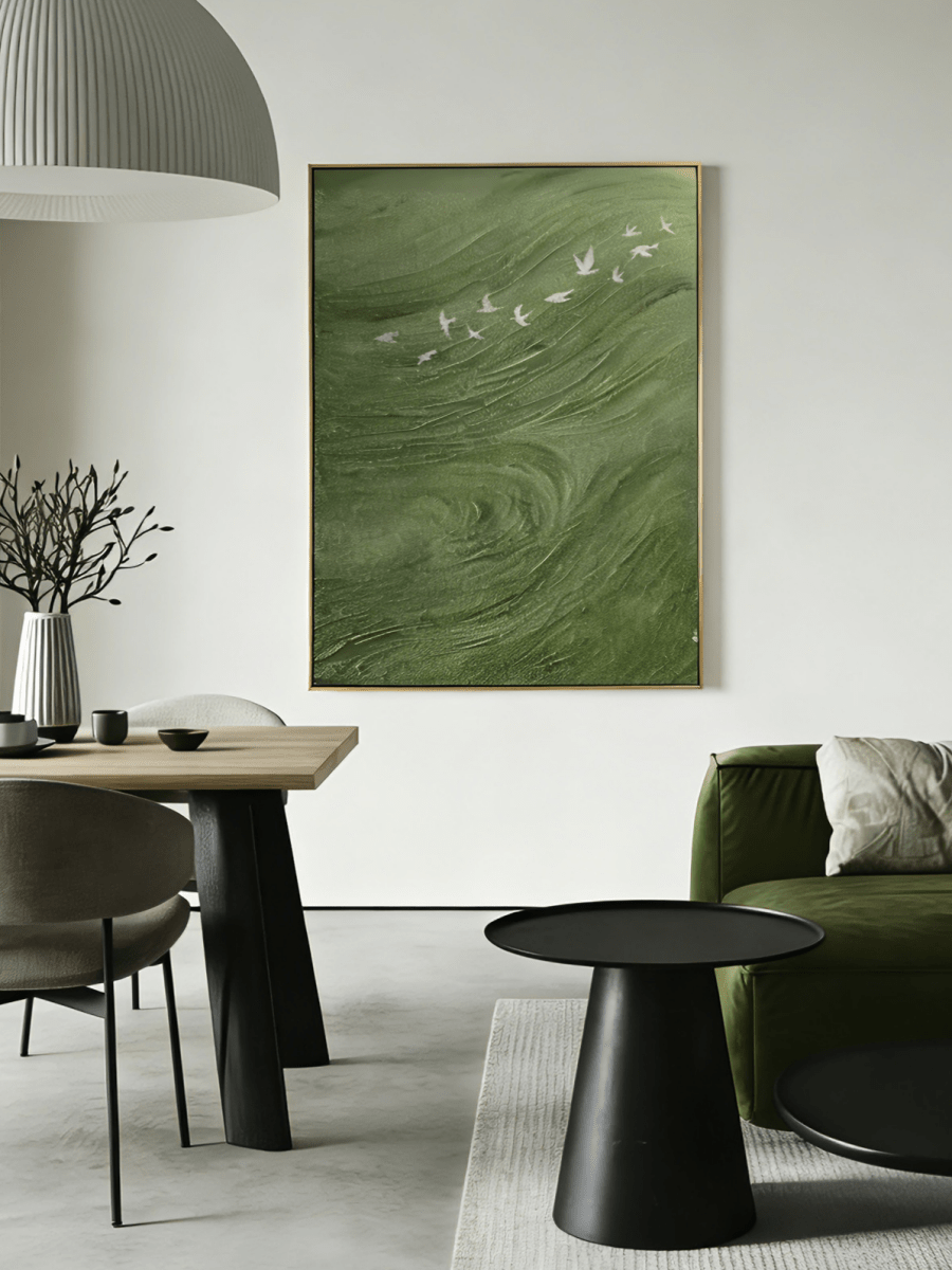 Hand-painted contemporary abstract oil painting by artist Luna Xiao, featuring high-texture impasto sage green waves and a flock of white birds in flight, in a metallic gold frame. Available sizes: 20x24 to 60x80 inches.